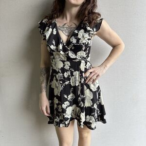 Free People Black Floral Wrap Dress Mini Ruffle Boho Womens S Petite